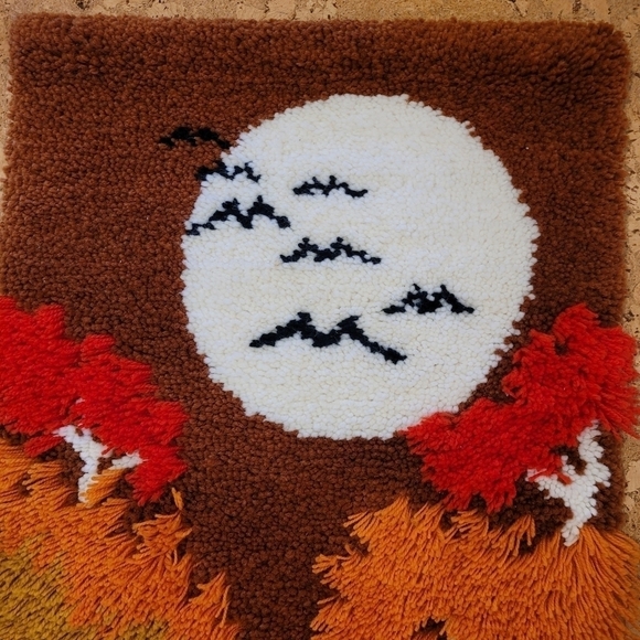 Mid Century Shag Rug Wall Hanging Hook Loop Woven Autumn Birds Moon/Sun 36x24 - Picture 7 of 13